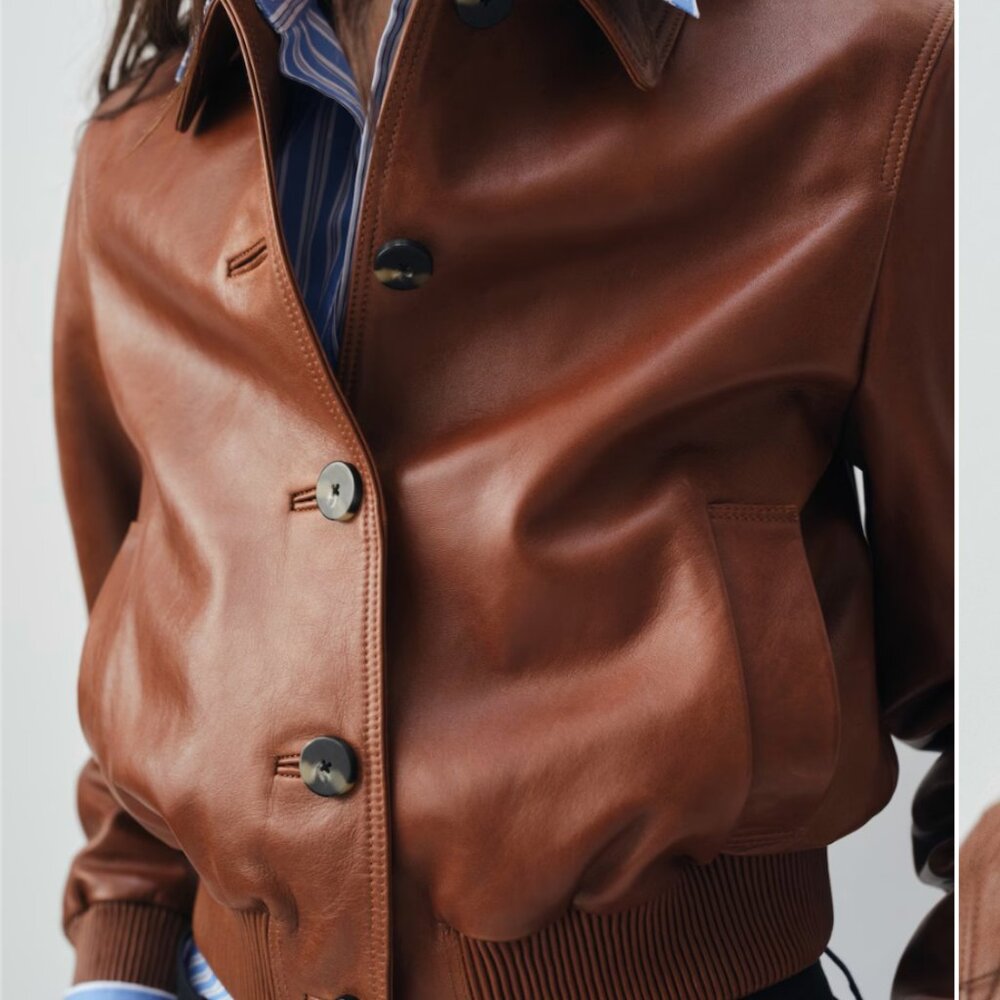 Mango Brown Leather Bomber Jacket - Picture 3 of 5